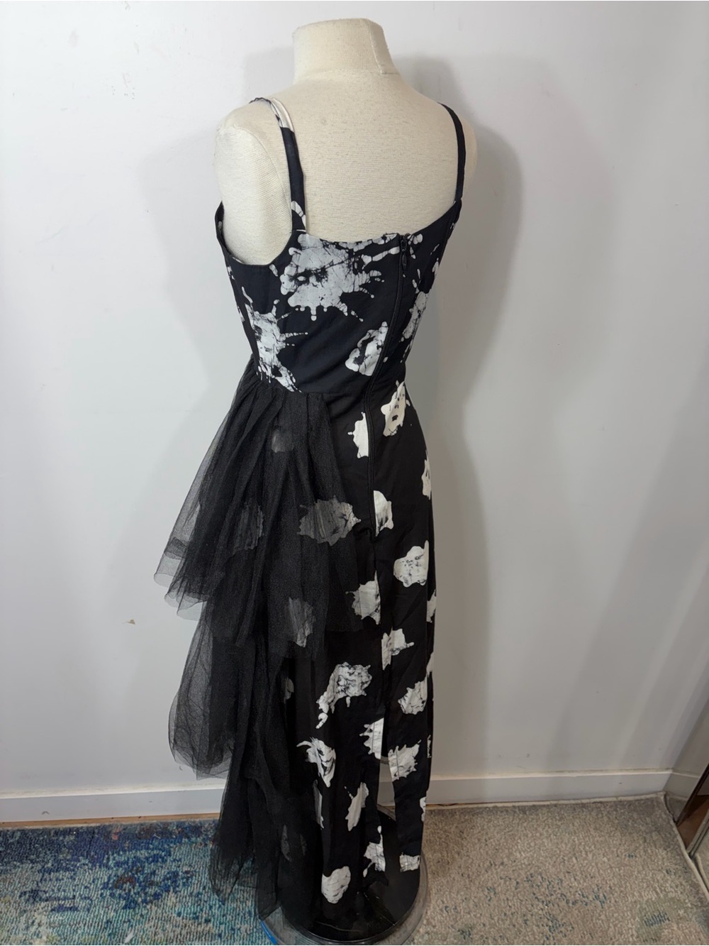 BUSAYO Black & White Abstract Print Midi Dress Tulle Ruffle Side Size S - Picture 7 of 11